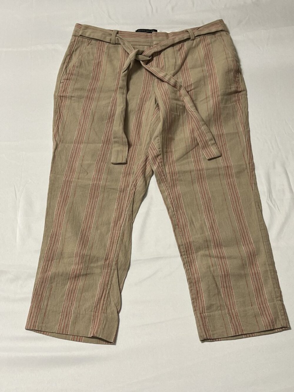 Banana Republic Avery Petite 6P Linen Blend Cropped Pants Tan Red Stripe Belt - Picture 2 of 8